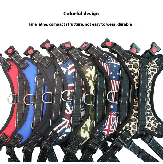 Blue and black pet harness with reflective stitching, a top handle, and red quick-release buckles. - Image 27