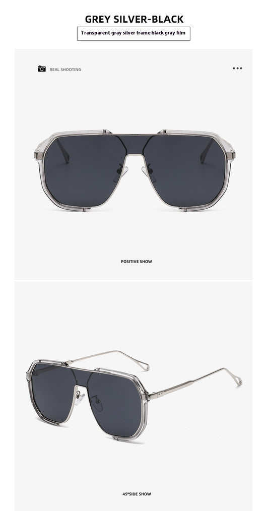 Black and gold polygon sunglasses with dark gray lenses, featuring a trendy concave design and anti-blue light properties. - Image 10