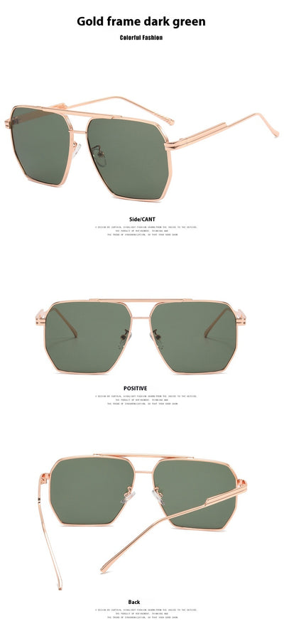 Gold frame double gray polygonal sunglasses with a double beam design and gradient lenses. - Image 12