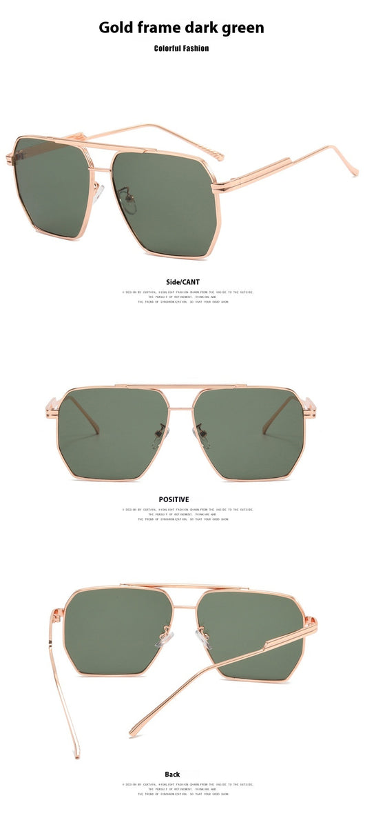 Gold frame double gray polygonal sunglasses with a double beam design and gradient lenses. - Image 12