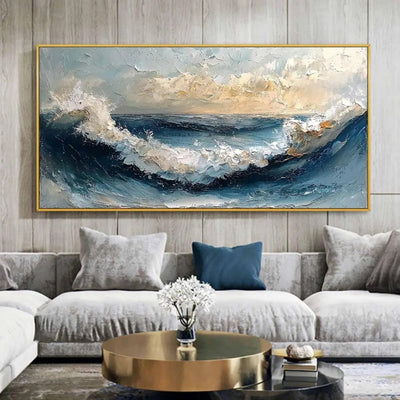 Cuadro Óleo Abstracto Grandes Dimensiones Olas Océano Azul y Blanco Texturizado para Sala - Image 11
