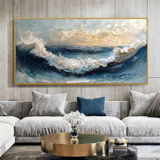 Cuadro Óleo Abstracto Grandes Dimensiones Olas Océano Azul y Blanco Texturizado para Sala - Image 11