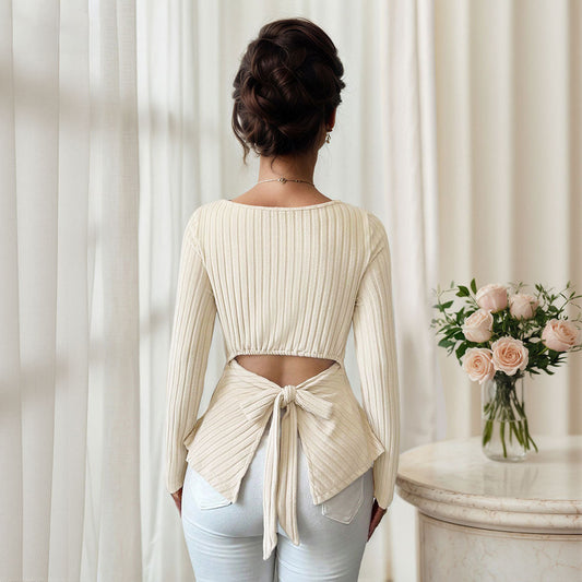 Blusa Ajustada de Cuello Cuadrado y Manga Larga con Amarre - Image 2