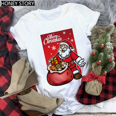Playera Navideña Roja para Parejas - Diseño Reno y Santa