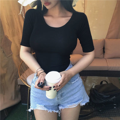 Blusa Modal Elástica Cinco Puntos - Manga Corta Mujer Color Sólido - Image 19