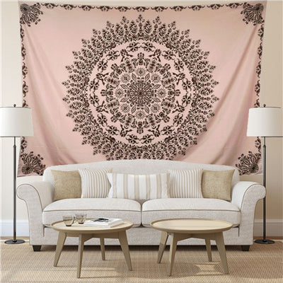 Beige tapestry with a large reddish-brown mandala pattern, hung above a bed in a bedroom. - Image 6