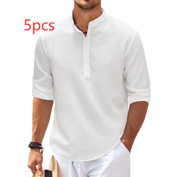 Camisa Casual Manga Larga Cuello Mao Hombre Color Sólido - Image 14