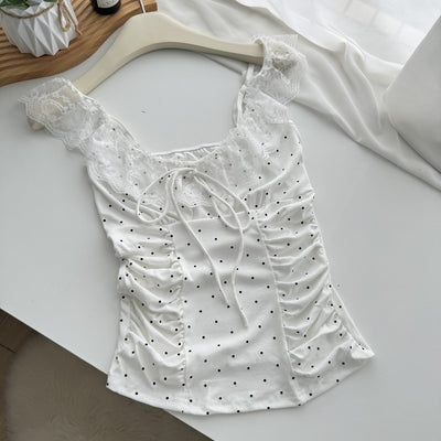 Blusa Crop Ajustada con Volantes, Encaje y Lunares - Manga Casquete - Image 17