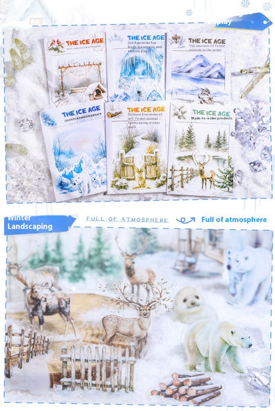 A set of 25 PET stickers featuring winter landscapes, ice castles, deer, wolves, and an ice queen in a snowy fantasy theme. - Image 26