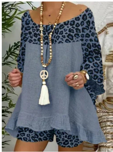 Traje Suelto Talla Grande con Estampado de Leopardo y Costuras Decorativas en Algodón y Lino - Image 13