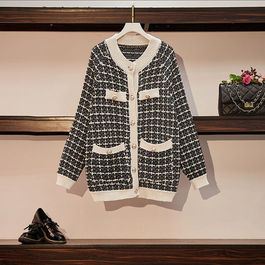 Cardigan Tejido Cuadros Mujer Estilo Elegante Oversize Abrigo Grueso - Image 18