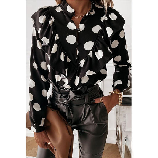 Blusa de Lunares con Cuello en V y Manga Larga