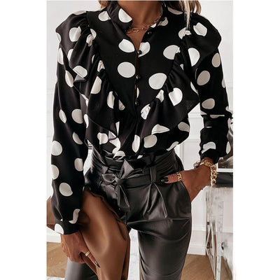 Blusa de Lunares con Cuello en V y Manga Larga