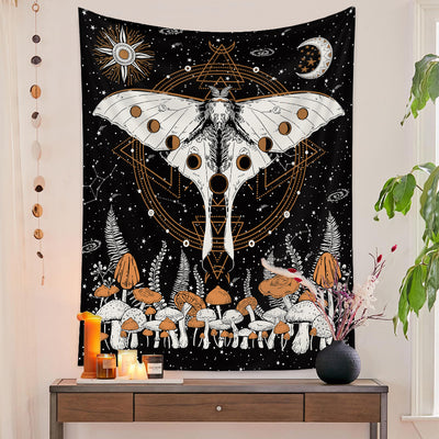 European retro mushroom tapestry with a starry night sky, crescent moon, butterflies, and various colorful fungi and plants. - Image 4