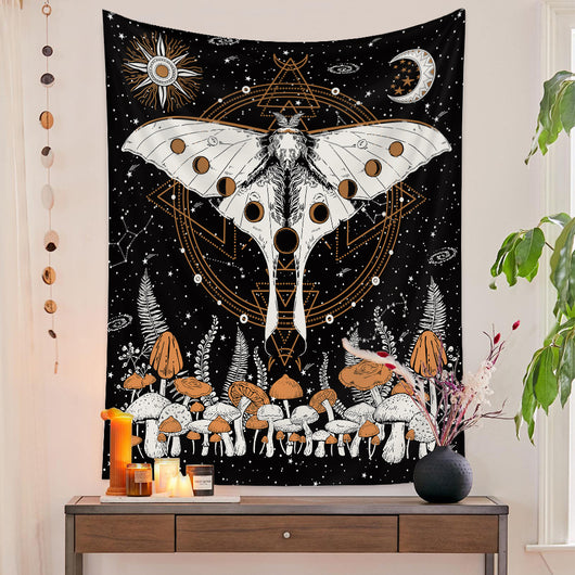 European retro mushroom tapestry with a starry night sky, crescent moon, butterflies, and various colorful fungi and plants. - Image 4