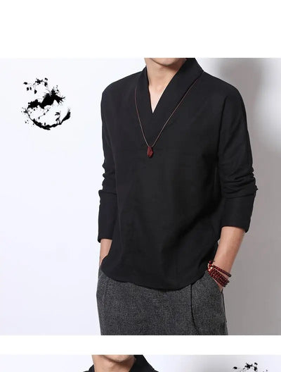 Camisa Lino Manga Larga Estilo Chino Retro para Hombre - Image 12