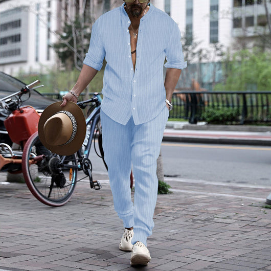 Pantalón y Camisa de Rayas con Cuello Hengli para Hombre - Image 5