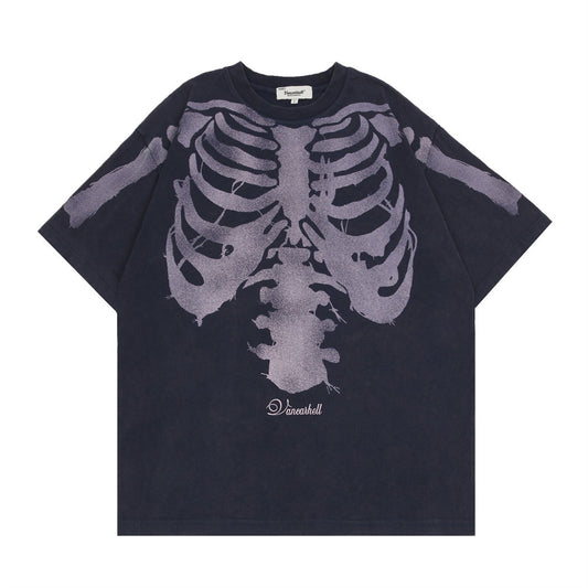 Camiseta de Algodón Lavada Estilo Vintage con Calavera para Hombre