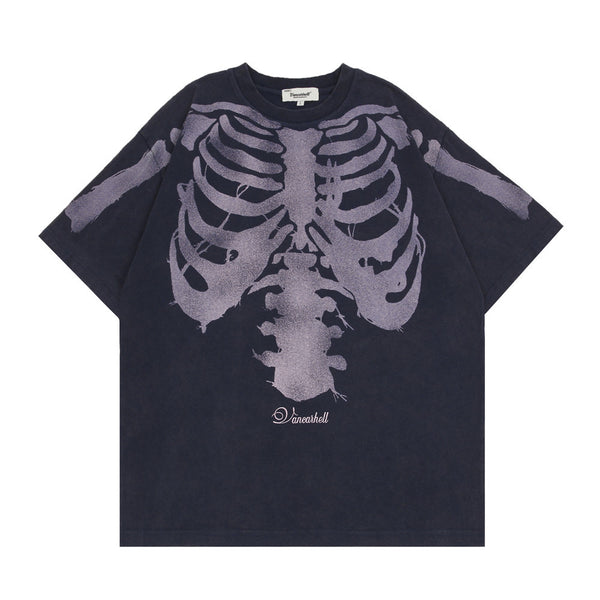 Camiseta de Algodón Lavada Estilo Vintage con Calavera para Hombre