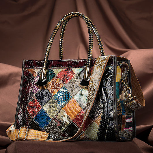 Bolso de Cuero Bicolor con Acabado Charol Premium