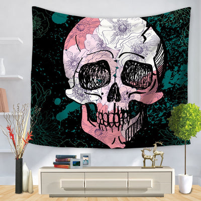 Purple and black tapestry featuring a stylized skull design with glowing orange eyes and intricate patterns, hung on a wall. - Image 3