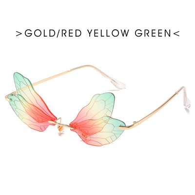 Dragonfly wing sunglasses with gold metal frames and unique brown tinted rimless lenses, suitable for adults. - Image 14