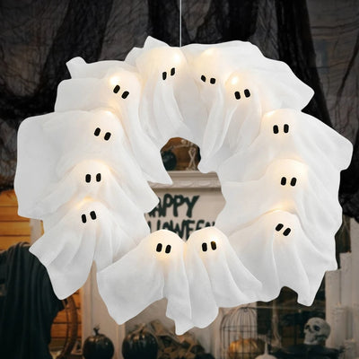Corona Decorativa de Fantasma para Halloween con Luces LED - Decoración para Puerta y Pared - Image 11