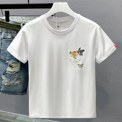 Camiseta Cuello Redondo Hombre con Bordado de Mariposas