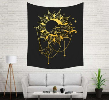 Bohemian sun and moon tapestry with a celestial pattern of golden suns and crescent moons on a dark blue background. - Image 12