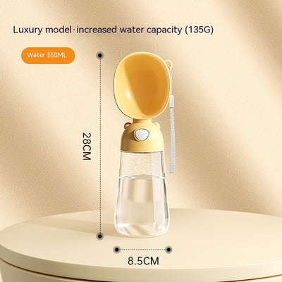 Yellow portable pet water bottle with clear reservoir, built-in drinking bowl, and wrist strap, 28cm tall. - Image 7