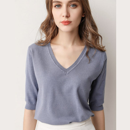 Suéter Tejido Cuello V Manga Corta para Mujer - Image 12