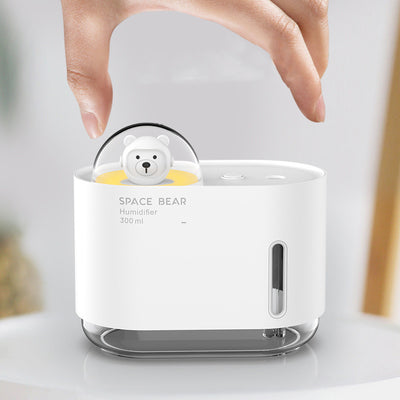 White square humidifier with a clear base, featuring a cute white bear figure in a clear dome, labeled "SPACE BEAR Humidifier 300 ml". - Image 3