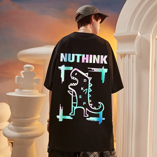 Playera Corta Reflectante con Diseño Dinosaurio para Hombre