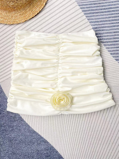 Cream ruched swim skirt for women, featuring a 3D flower embellishment at the bottom hem. - Image 13