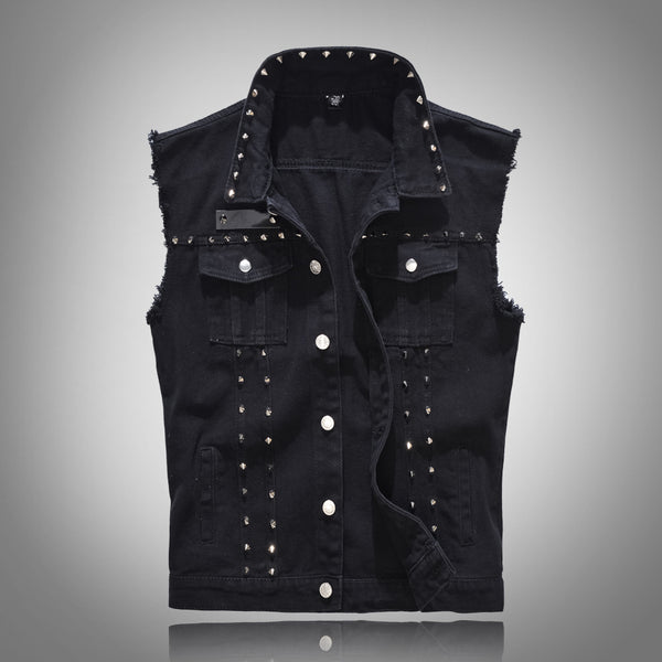 Chaleco Motociclista Hombre Talla Grande Negro Estilo Coreano con Remaches