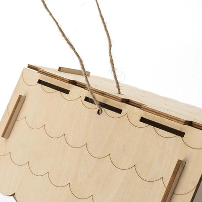 Unfinished wooden birdhouse with a scalloped roof, circular entrance, and hanging loop, ready for DIY decoration. - Image 10