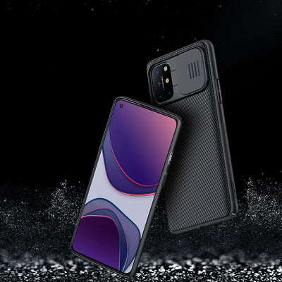 Black textured phone case for OnePlus 8T with a sliding camera cover and precise cutouts for buttons. - Image 9