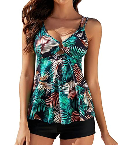 Women's plus size two-piece swimsuit with a red floral print tankini top and black boxer swim shorts. - Image 16