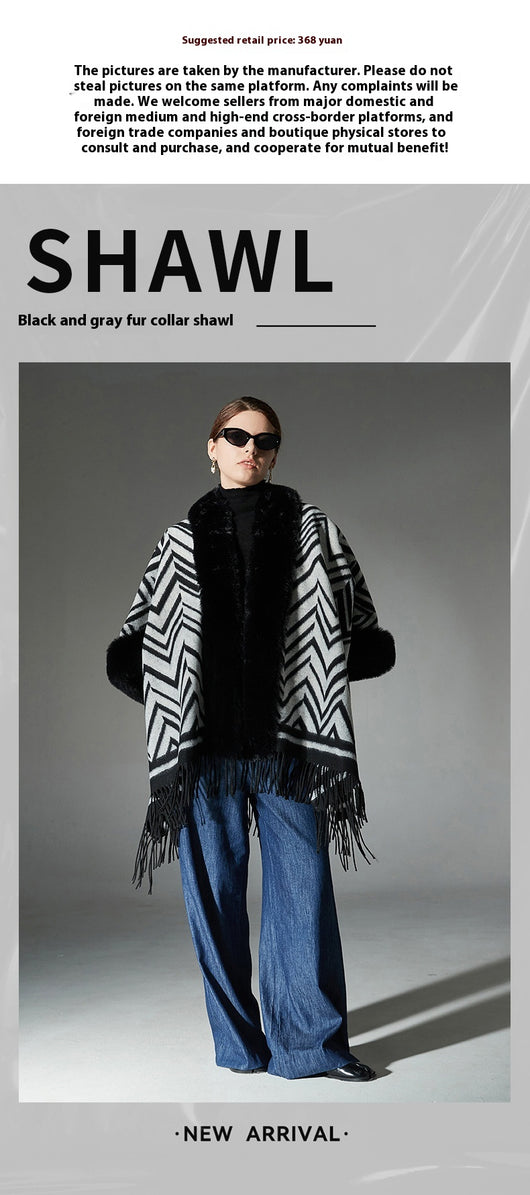 Chal Elegante con Cuello de Piel Jacquard Negro y Gris - Image 16