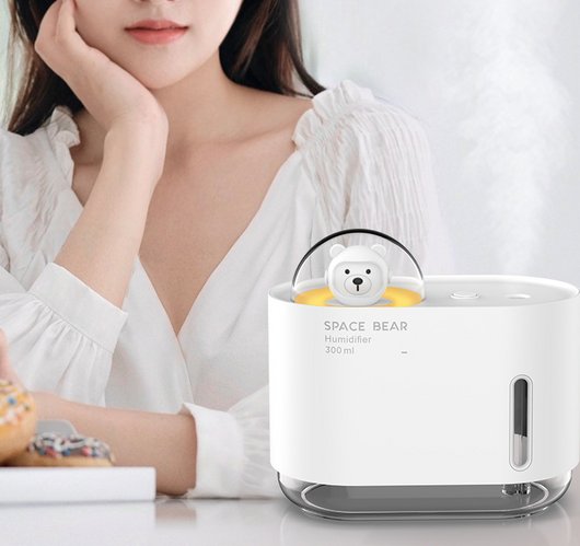 White square humidifier with a clear base, featuring a cute white bear figure in a clear dome, labeled "SPACE BEAR Humidifier 300 ml". - Image 14