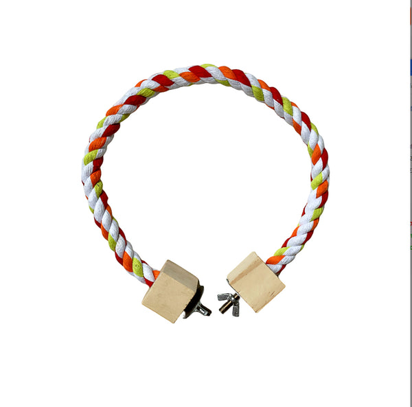 Colorful braided rope bird toy with wooden blocks and metal fasteners, forming a circular swing or climbing perch. - Image 6
