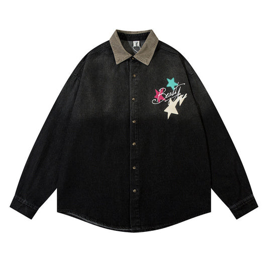 Camisa Denim con Estampado de Estrella y Letras - Diseño Moderno