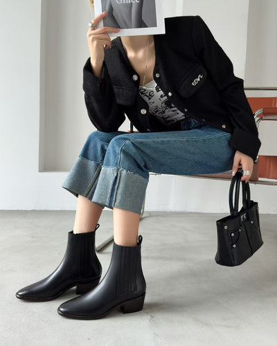 Botas Tobilleras Estilo Francés en Cuero Genuino con Punta Cuadrada y Tacón Robusto - Image 16
