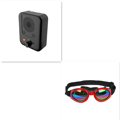 Black ultrasonic anti-barking device with a red light and a control knob, next to yellow pet goggles with rainbow lenses. - Image 17