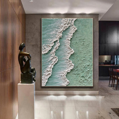 Cuadro Abstracto Olas del Océano - Pintura al Óleo Texturizada Wabi Sabi Verde y Crema - Image 3