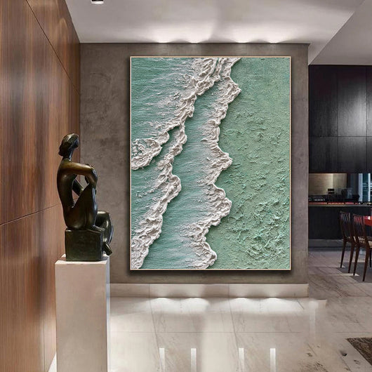 Cuadro Abstracto Olas del Océano - Pintura al Óleo Texturizada Wabi Sabi Verde y Crema - Image 3