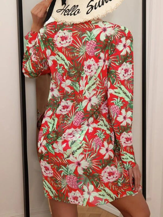 Women's red bikini with a tropical floral and pineapple print cover-up shawl, featuring a twisted front top. - Image 11