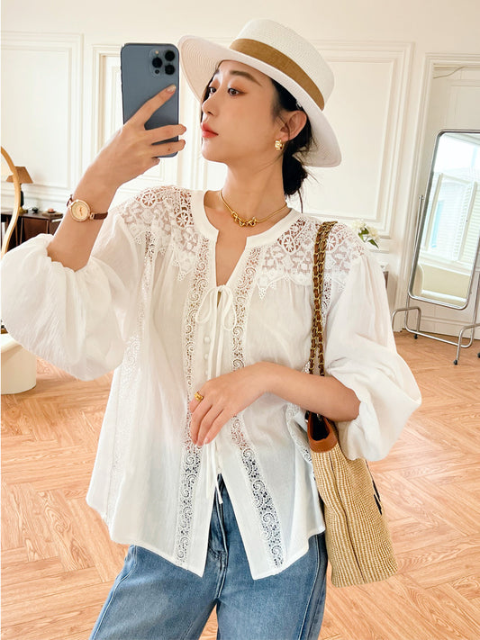 Blusa Blanca de Manga Larga Estilo Francés para Mujer - Image 2