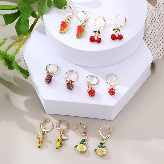 Aretes de Clip Frutal para Mujer - Uva y Fresa en Metal