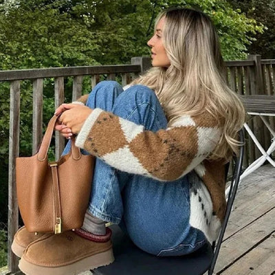 Cardigan Corto de Alpaca con Contraste Geométrico para Mujer